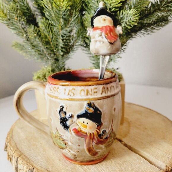 Vtg Snowman Coffee Cup Mug & Matching Spoon Set /Bless Us One And All Christmas - Picture 15 of 15
